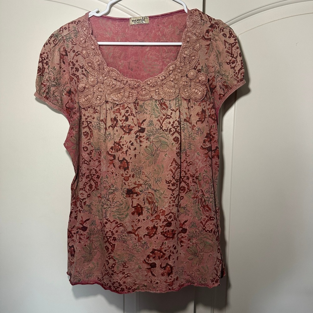 One World Y2K Boho Lace Crochet Neck Floral Burnout Mesh Top‎ Womens XL Novelty